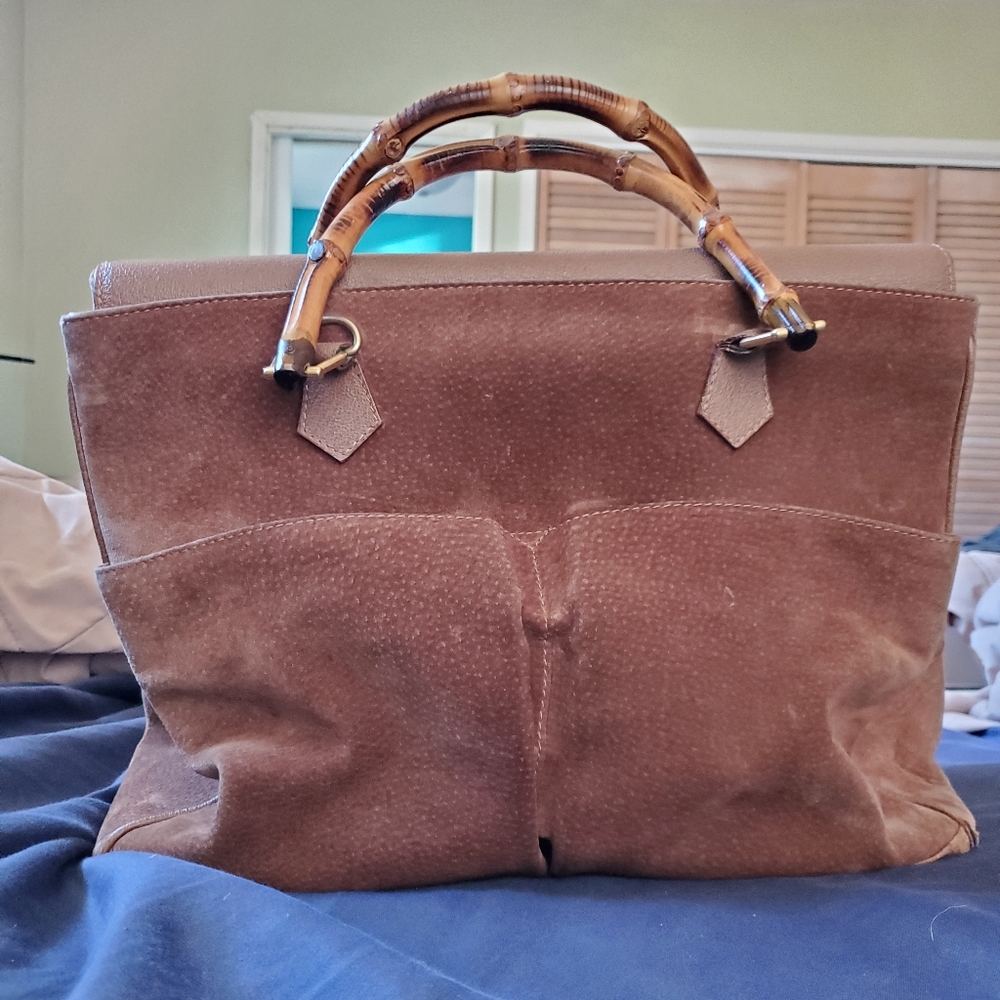Vintage Gucci Bamboo Diana Suede Tote Bag - Beige